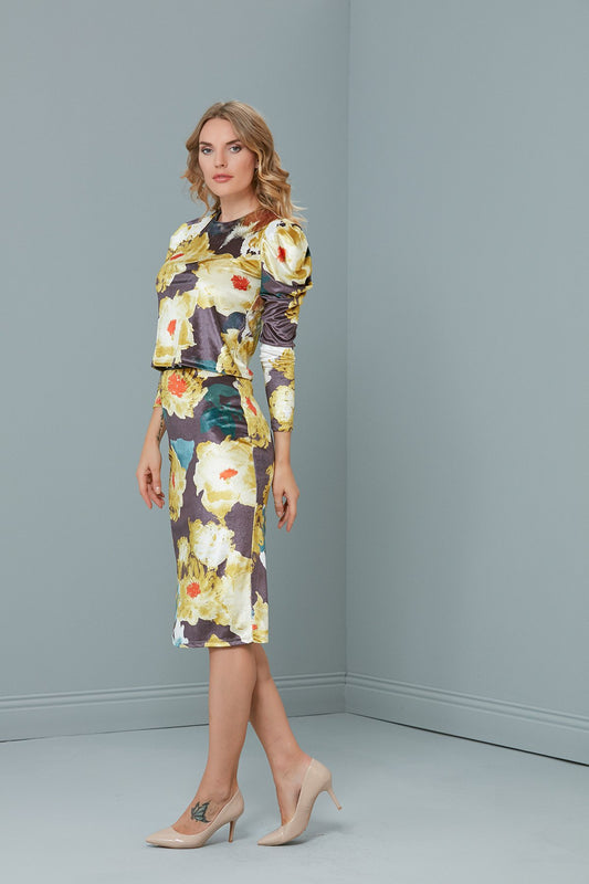 Velvet Floral Print Top And Skirt Set