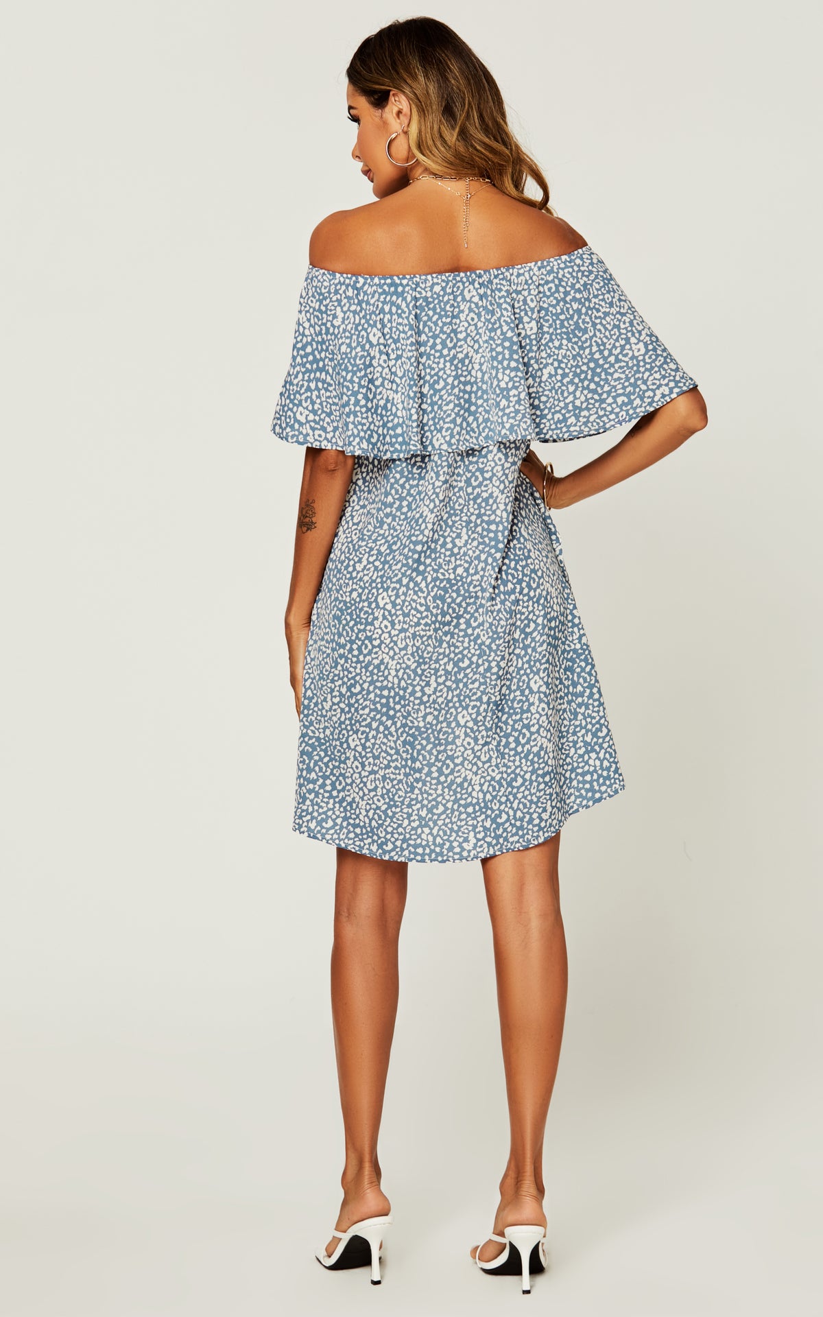 Leopard Print Bardot Frill Off Shoulder Mini Dress In Blue