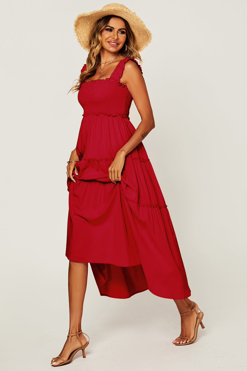Hem Detail Tiered Maxi Dress In Light Red