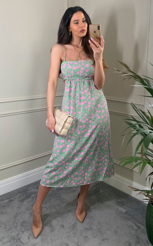Cami midi dress in mint and pink floral