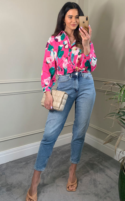 Multicolour floral print shirt with long sleeves in pink