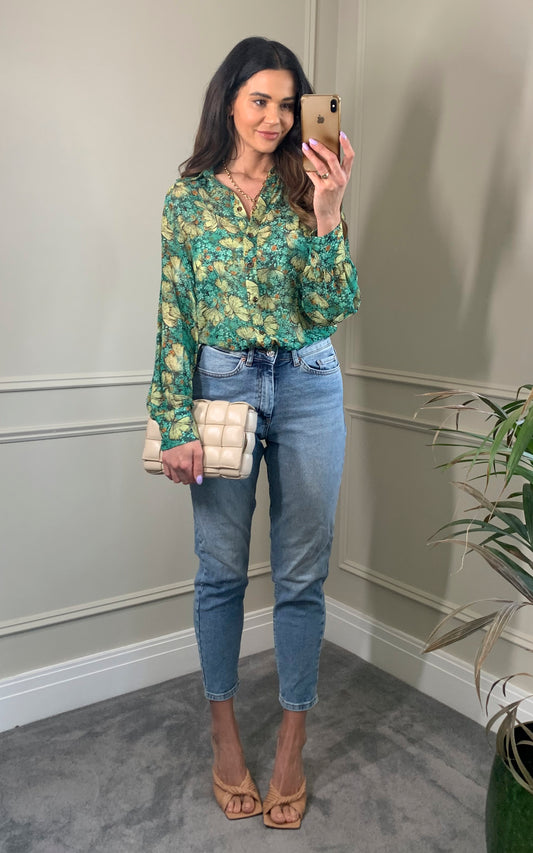 Multicolour print long sleeves collared blouse shirt in mint green