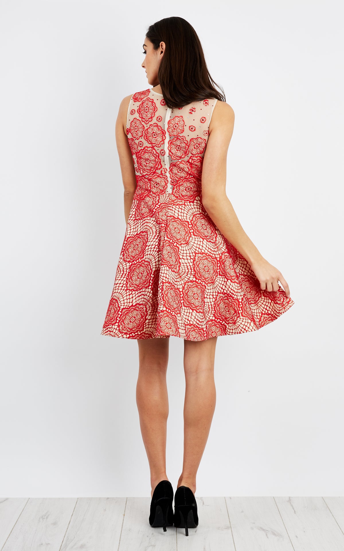 Hand beaded crochet red lace prom dress