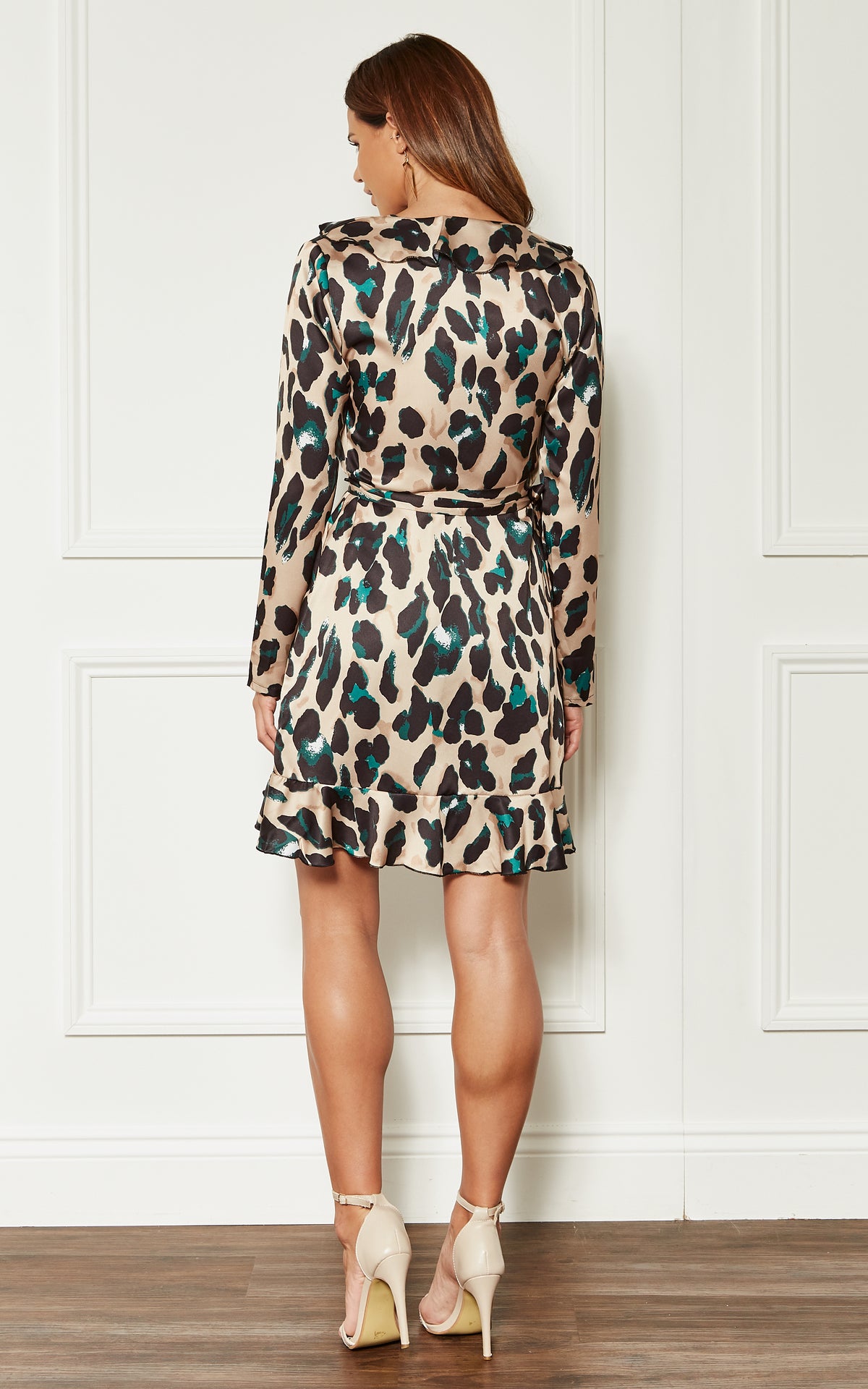 Green Leopard Print Wrap Frill Mini Dress
