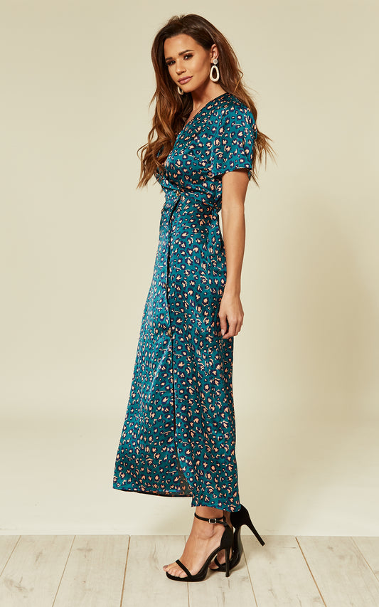 Blue/Blush Leopard Print Button Down Midi Dress in Teal