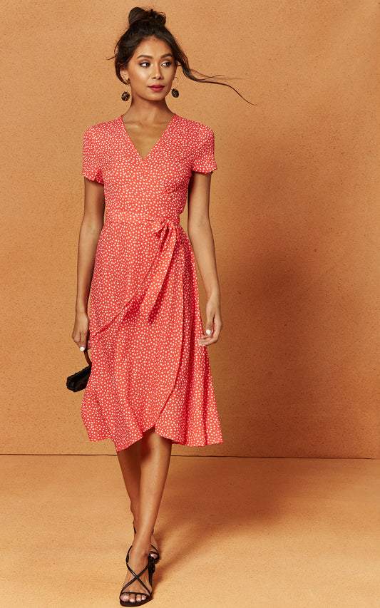 Penelope Wrap Midi Dress in Red Ditsy Print