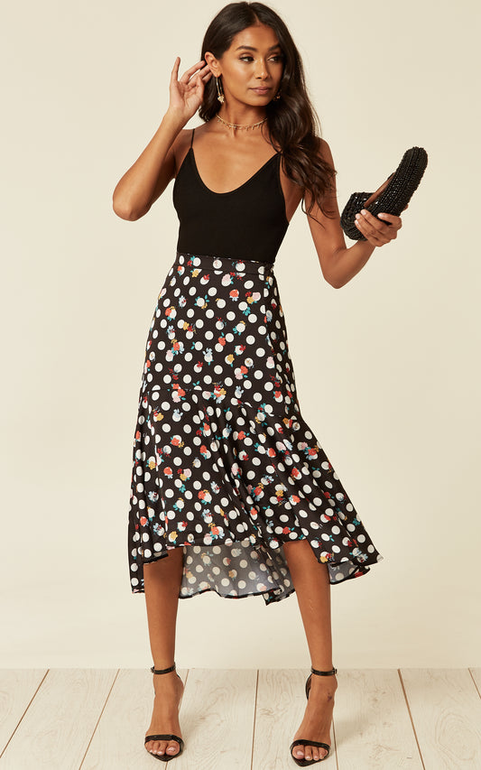 Satin high low midi skirt in Polka dot and floral print
