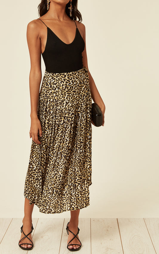 Pleated Wrap Midi Skirt in Black & Yellow Leopard Print
