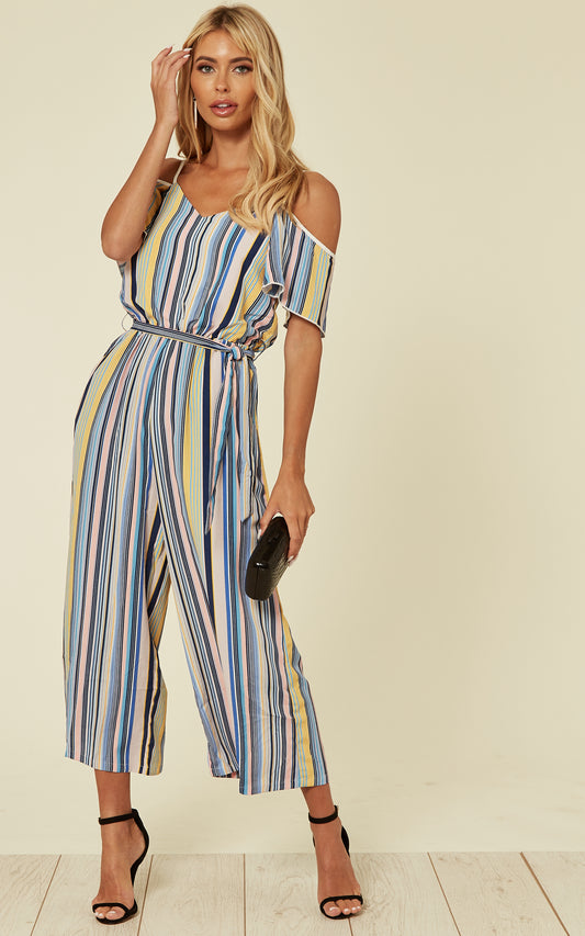 Cold Shoulder Culotte Jumpsuit in Multi Stripe