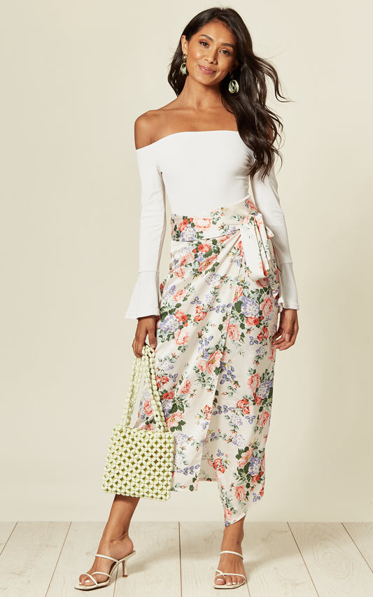 Maxi wrap skirt with tie in cream floral print