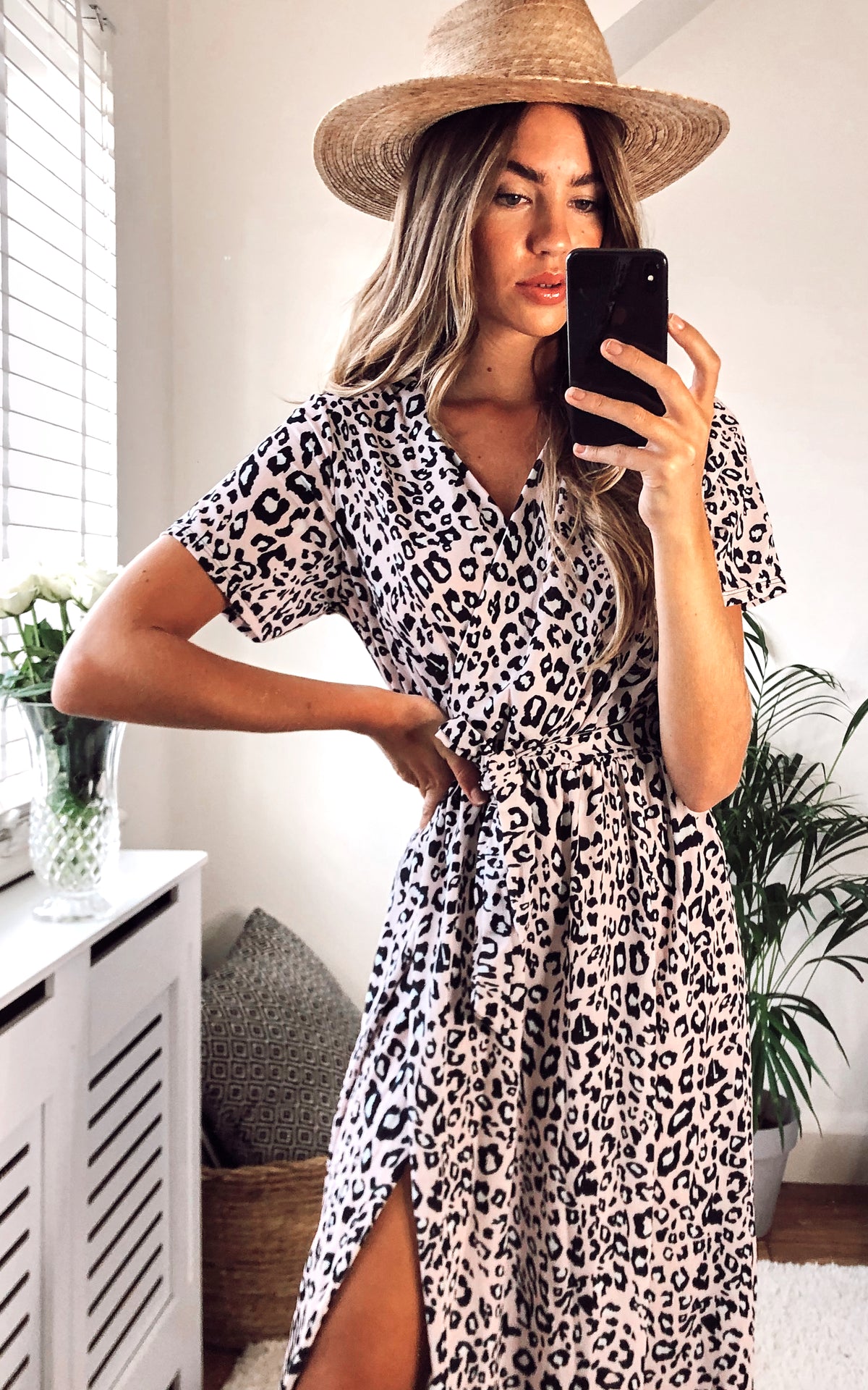 Animal Printed Short sleeve Midi Wrap Dress In Blush