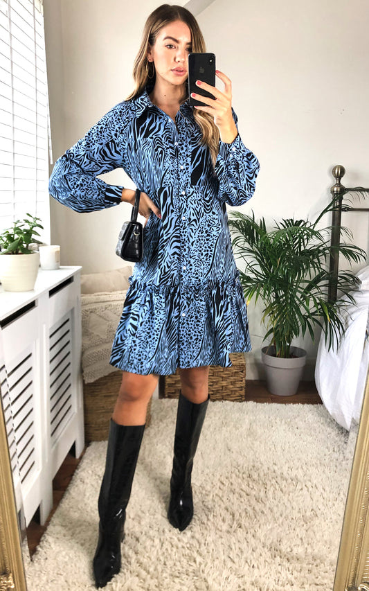 Long Sleeve Frill Hem Shirt Dress Blue animal print