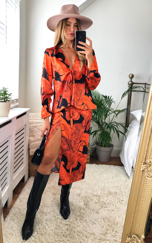 Palm Leaf Plunge Tie front Top with in Orange and Black