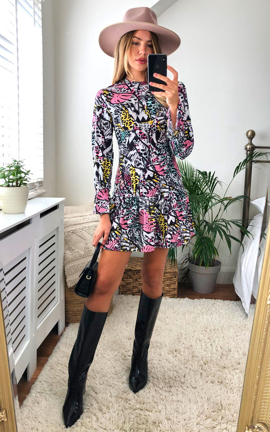 Mixed animal print long-sleeve skater dress in multicolour
