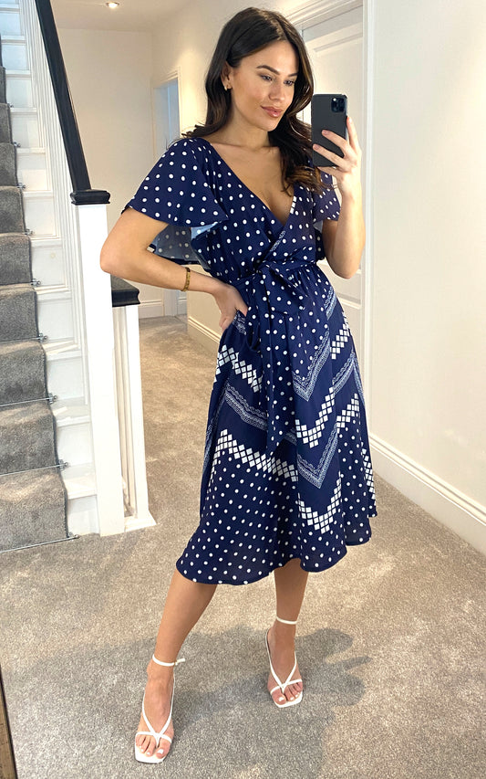 Wrap Style Flutter Sleeve Printed Midi Dress in Navy