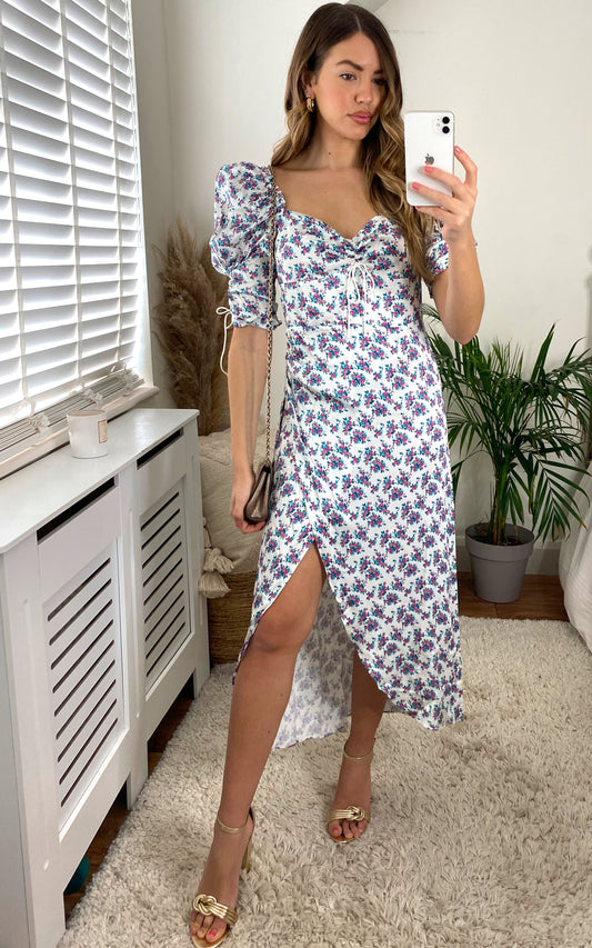 TAGGART MIDI DRESS WITH SHORT PUFF SLEEVE IN WHITE FLORAL