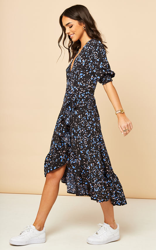 Midi Wrap Dress with Short Cuff Sleeve in Patterned Print - Black