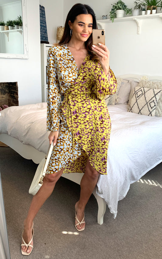 Long sleeves contrast colour leopard print wrap dress in multicolour