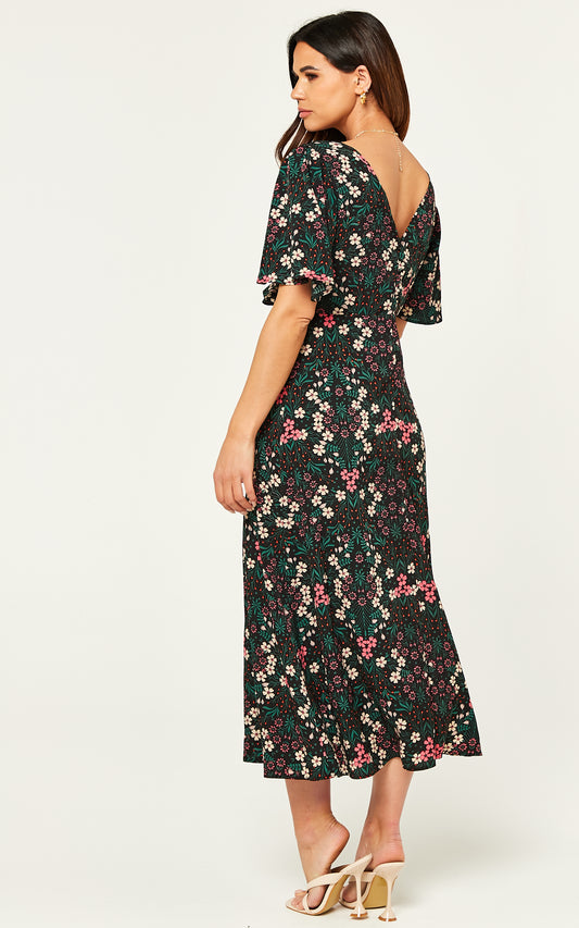 V neck floral print maxi drss with frill detail in multicoloui