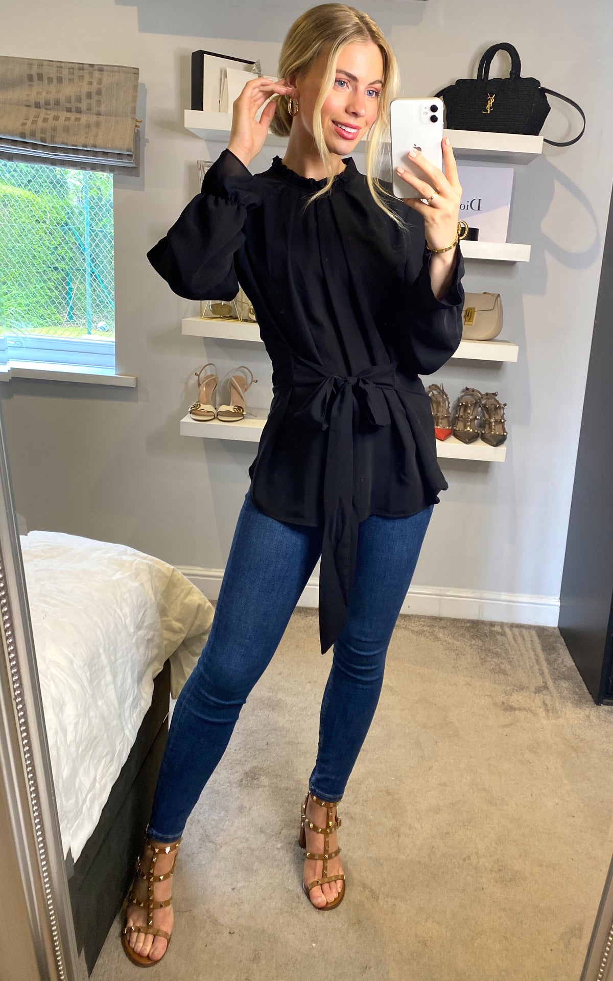 Tie Front Long Sleeve Oversized Top in Black