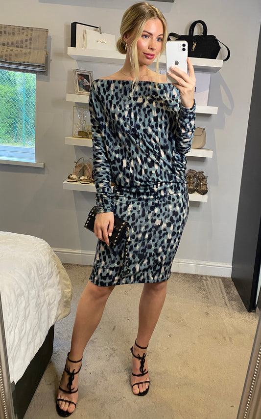 Blue leopard drape off shoulder Bardot twistdress