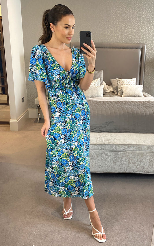 Blue green yellow floral maxi dress with frill detail