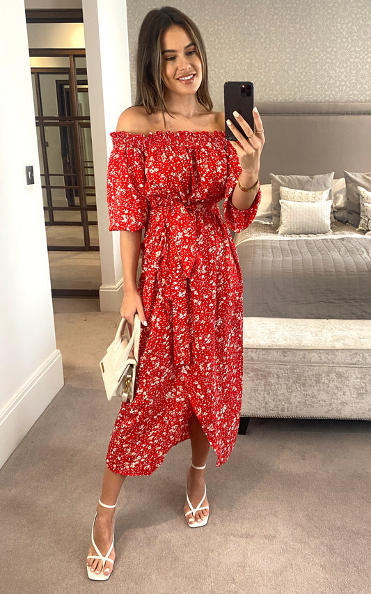 Red bardot floral print midi wrap dress with front slit