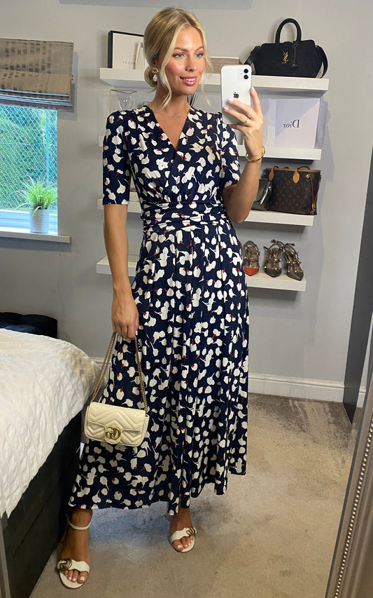 Acadia Abstract Floral Print Wrap Maxi Dress, Navy/White