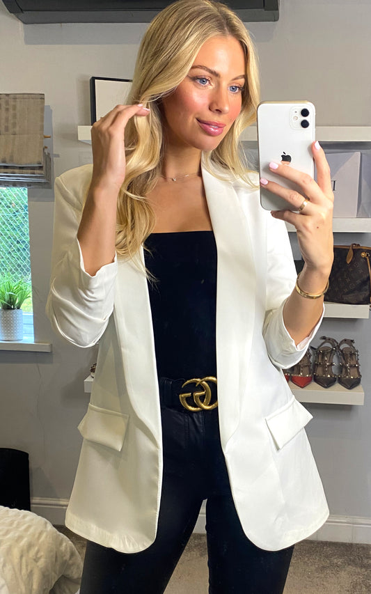 Oversized Rouched Sleeve Blazer in White