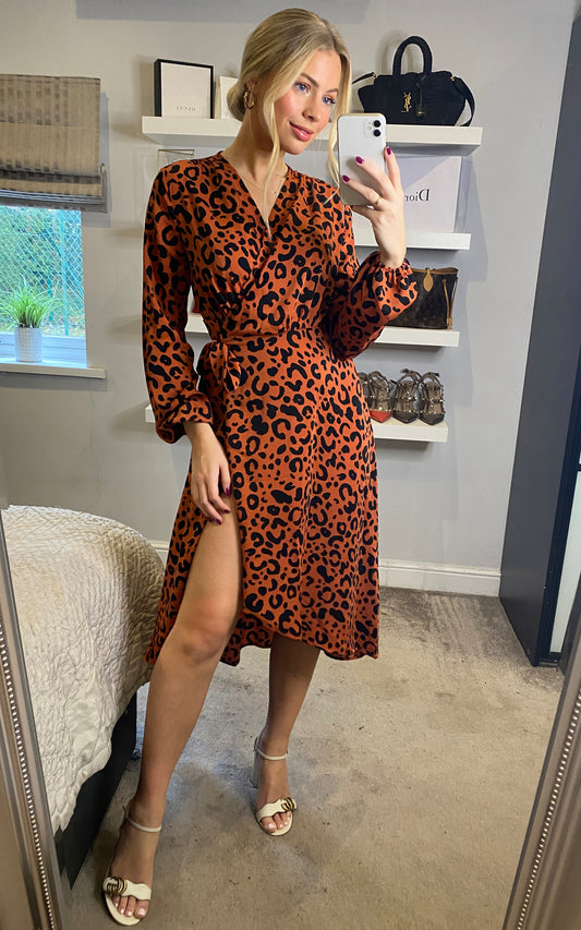 Leopard print long sleeve midi wrap dress with belt fastening in tan