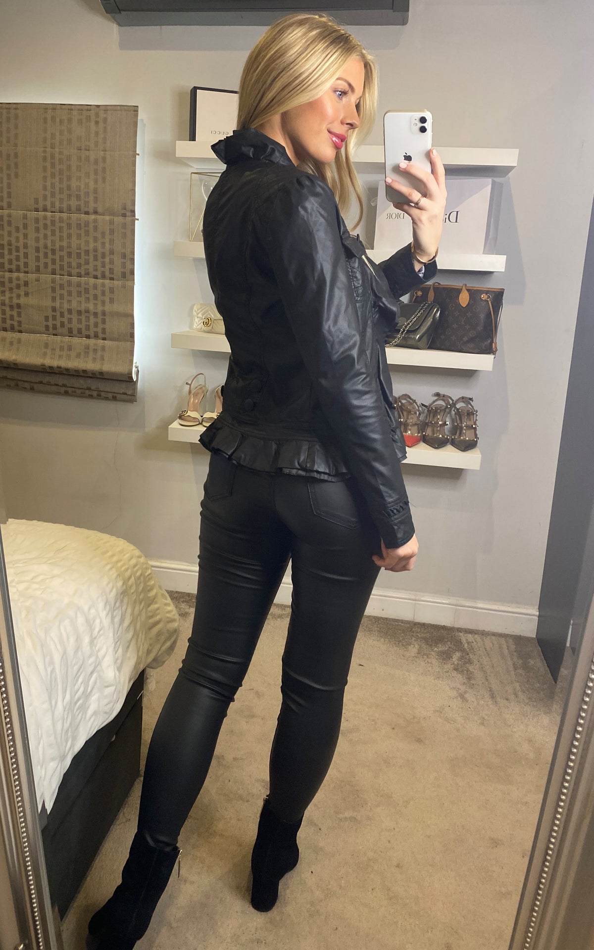 Black Frilled Front Faux Leather Jacket