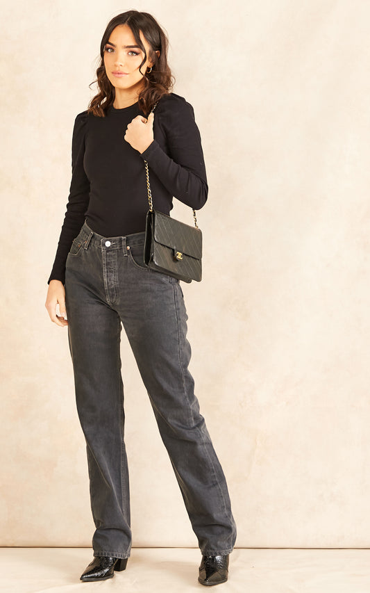Puff Shoulder Long Sleeved Top in Black