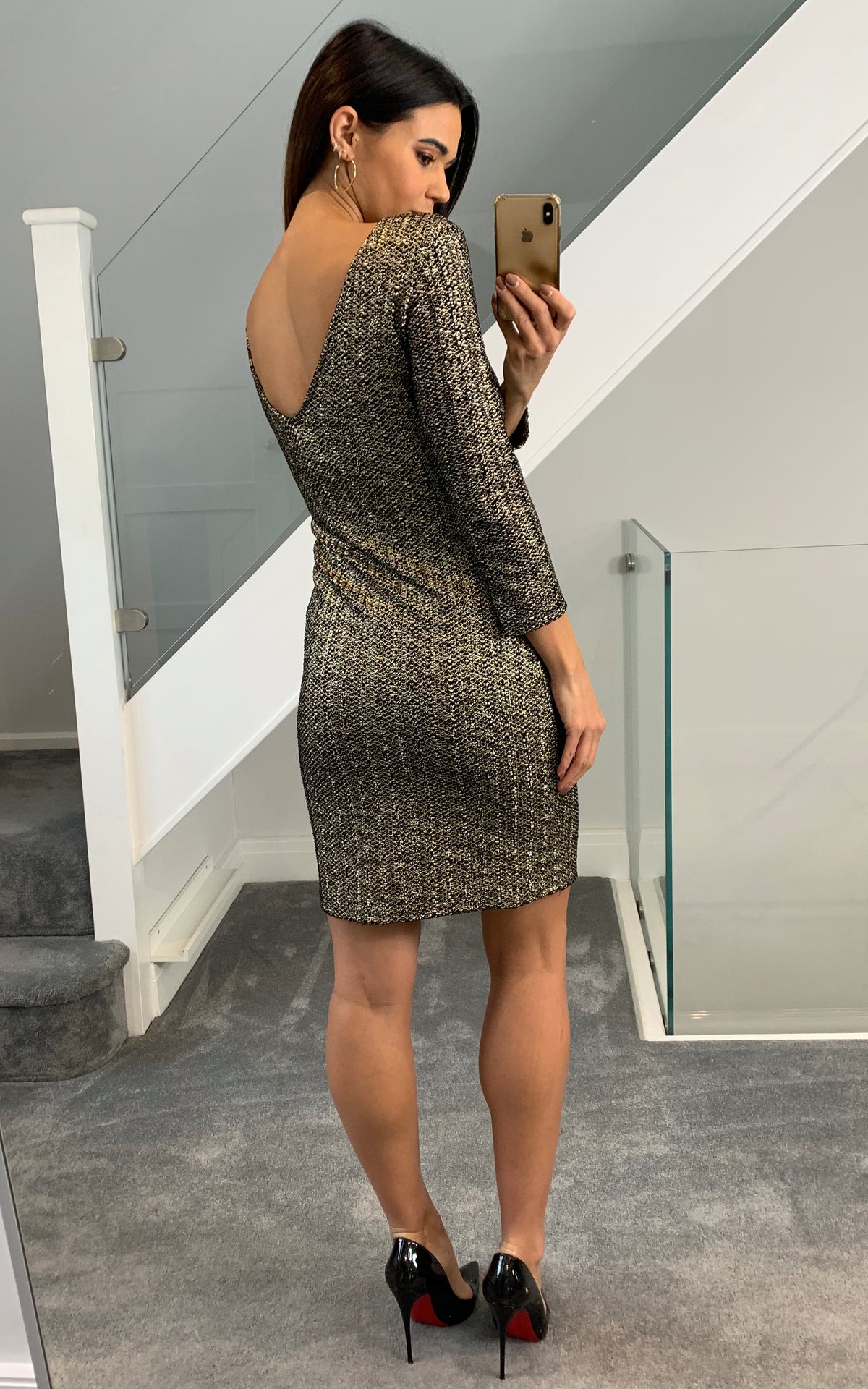 Black Velvet Foil V Back Bodycon Dress