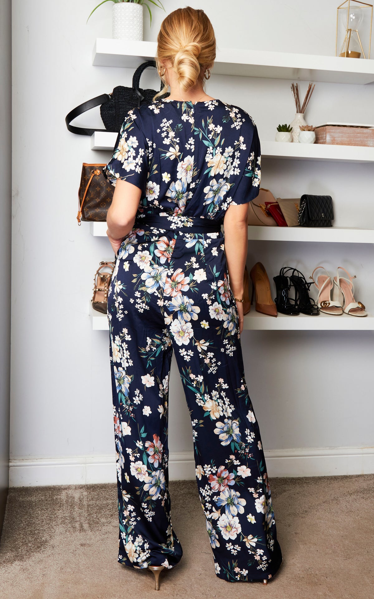 Cluster Floral Satin Jumpsuit in Navy