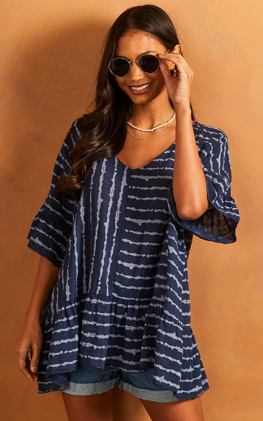 Striped Frill Hem Top in Navy and White
