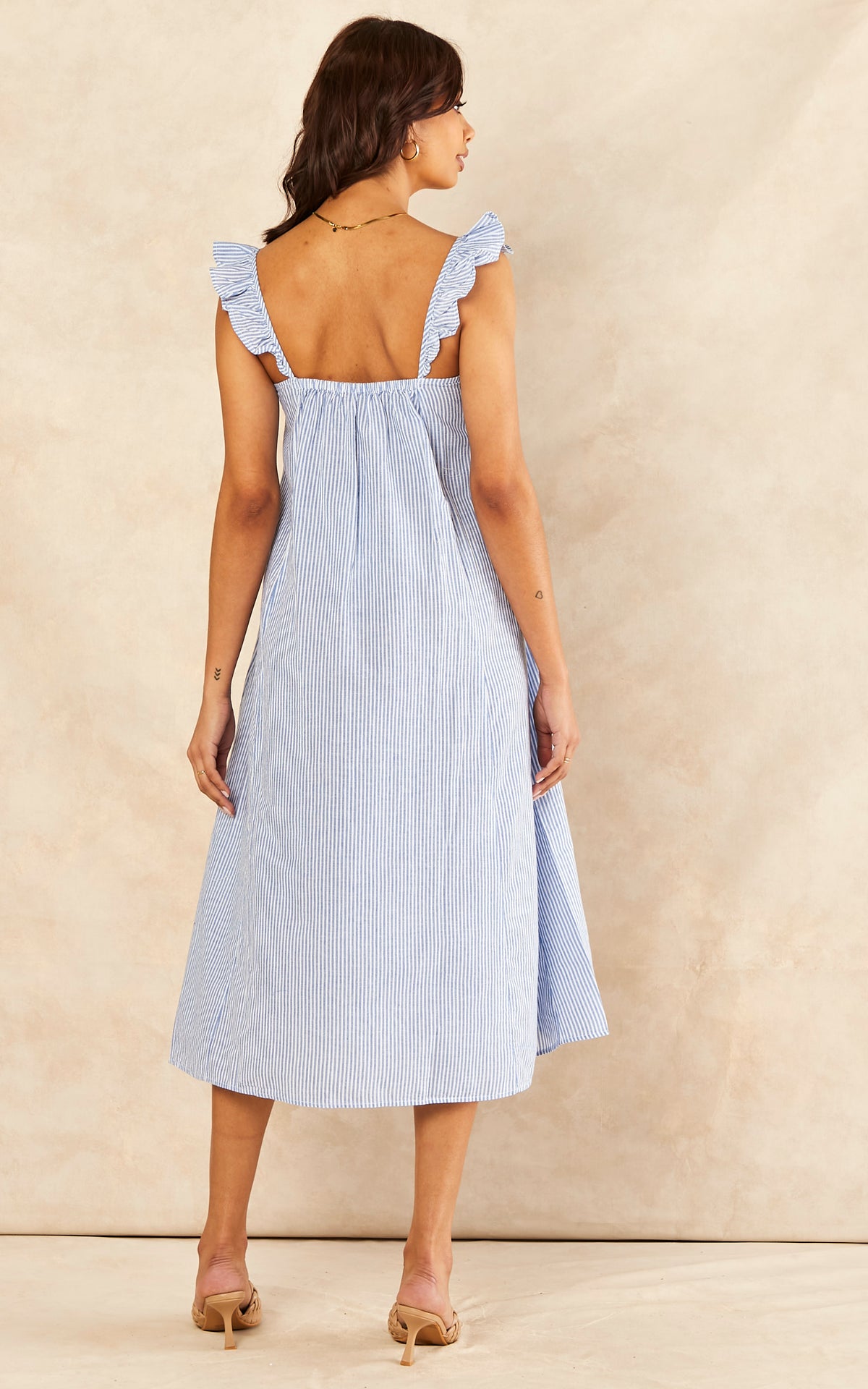 Frill Strap Pinstripe Midi Dress in Blue