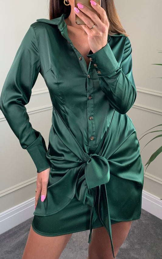 Shirt dress with tie front in emerald green
