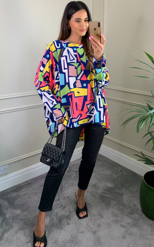 Neon colour printed kaftan top with long sleeves