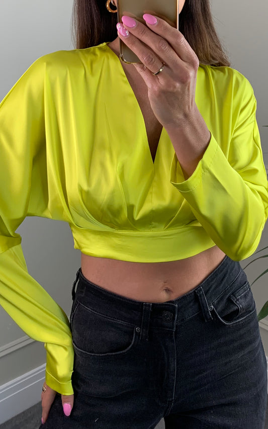 V-neck top with long sleeves and elasticated waist band in yellow