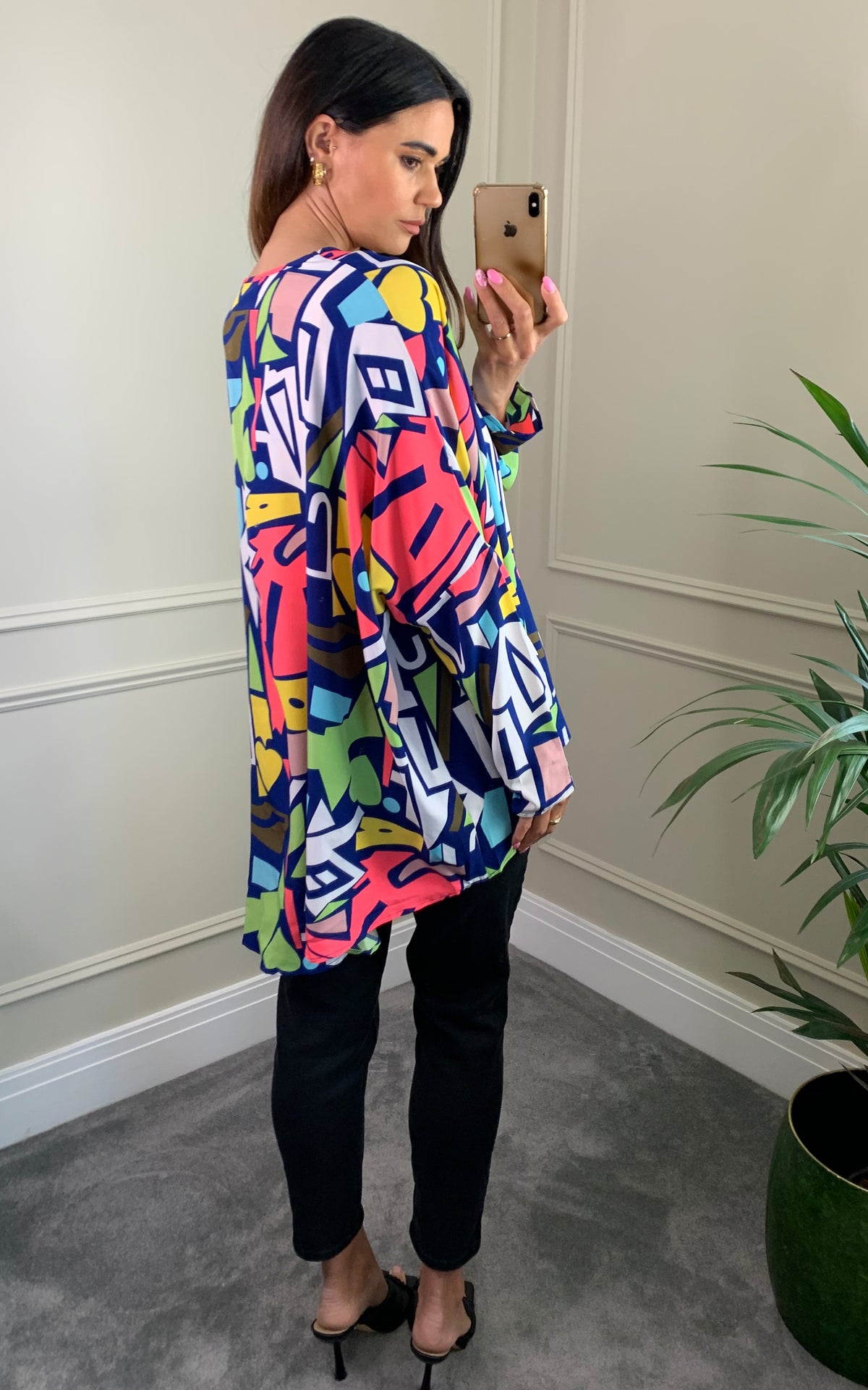 Neon colour printed kaftan top with long sleeves
