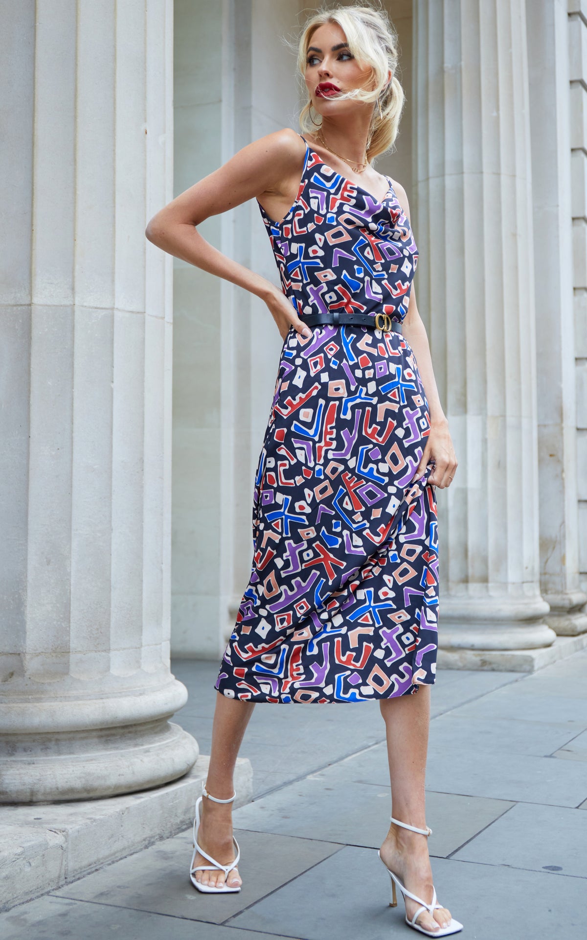 Toledo Cowl Neck Summer Slip Long Midi Dress in Black Geometric Print