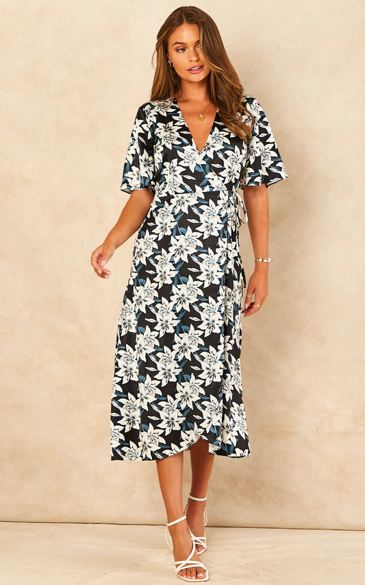 Black and White Lily Print Satin Midi Wrap Dress