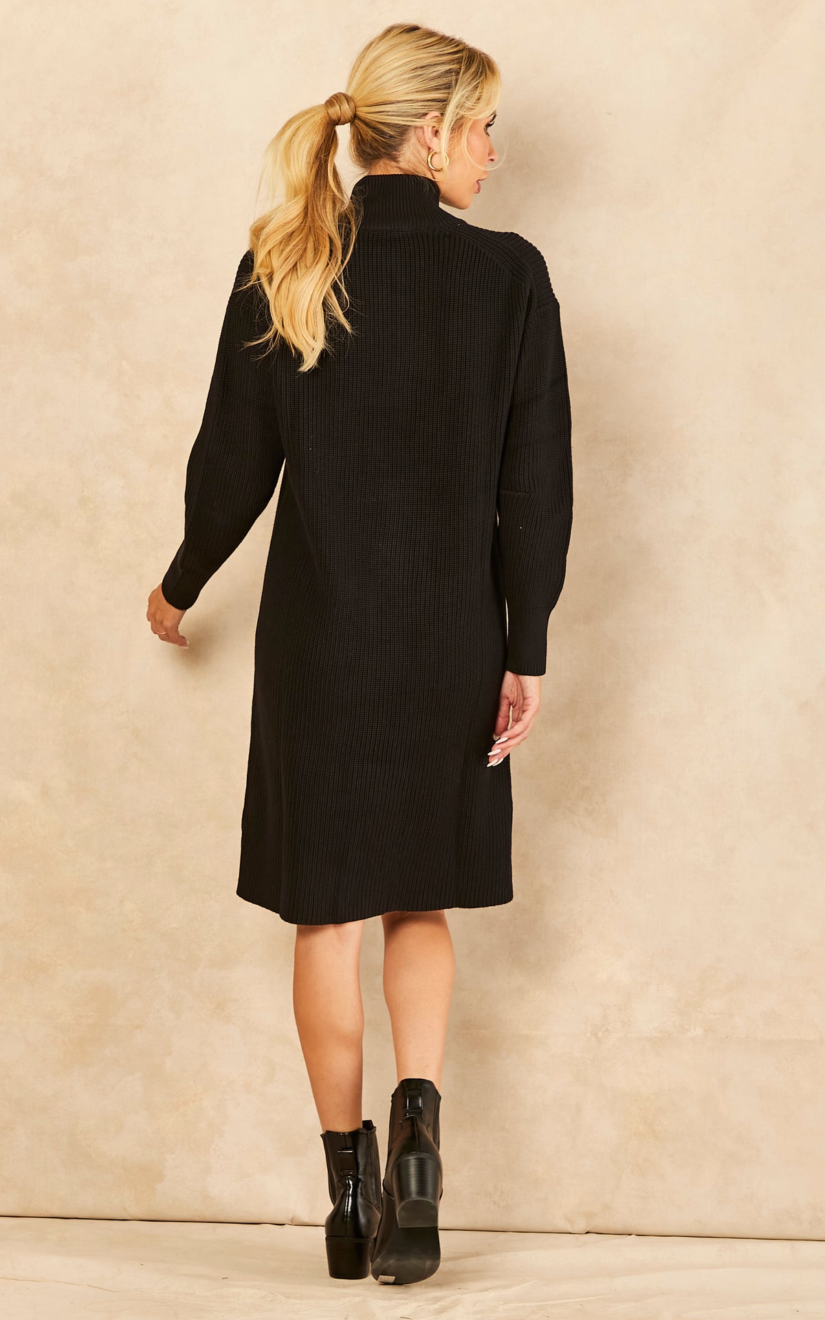 High Neck Half Zip Knitted Dress in Black