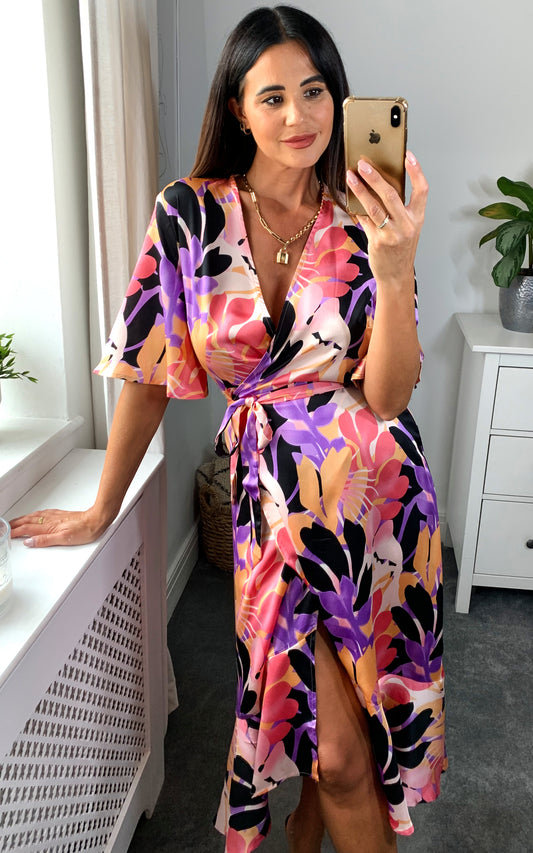 Midi wrap dress with frill detail in multicolour floral print