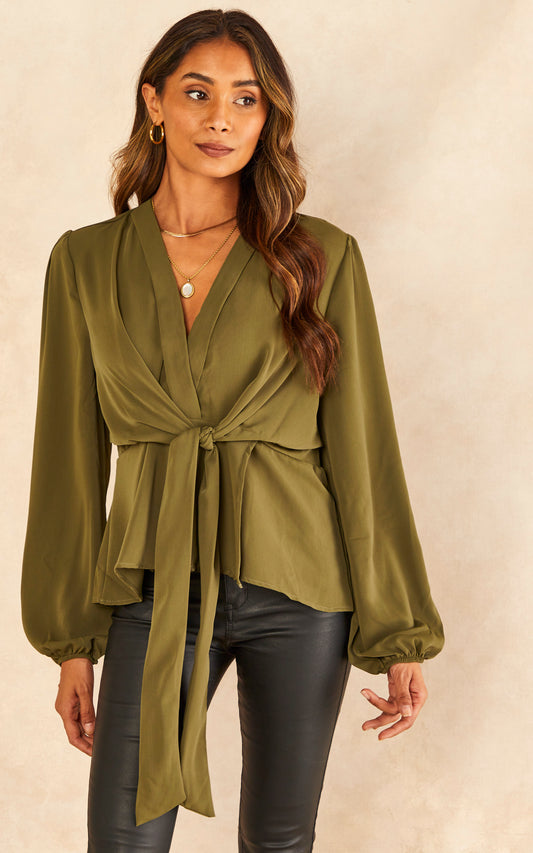 Long Sleeve Wrap Knot Top in Khaki