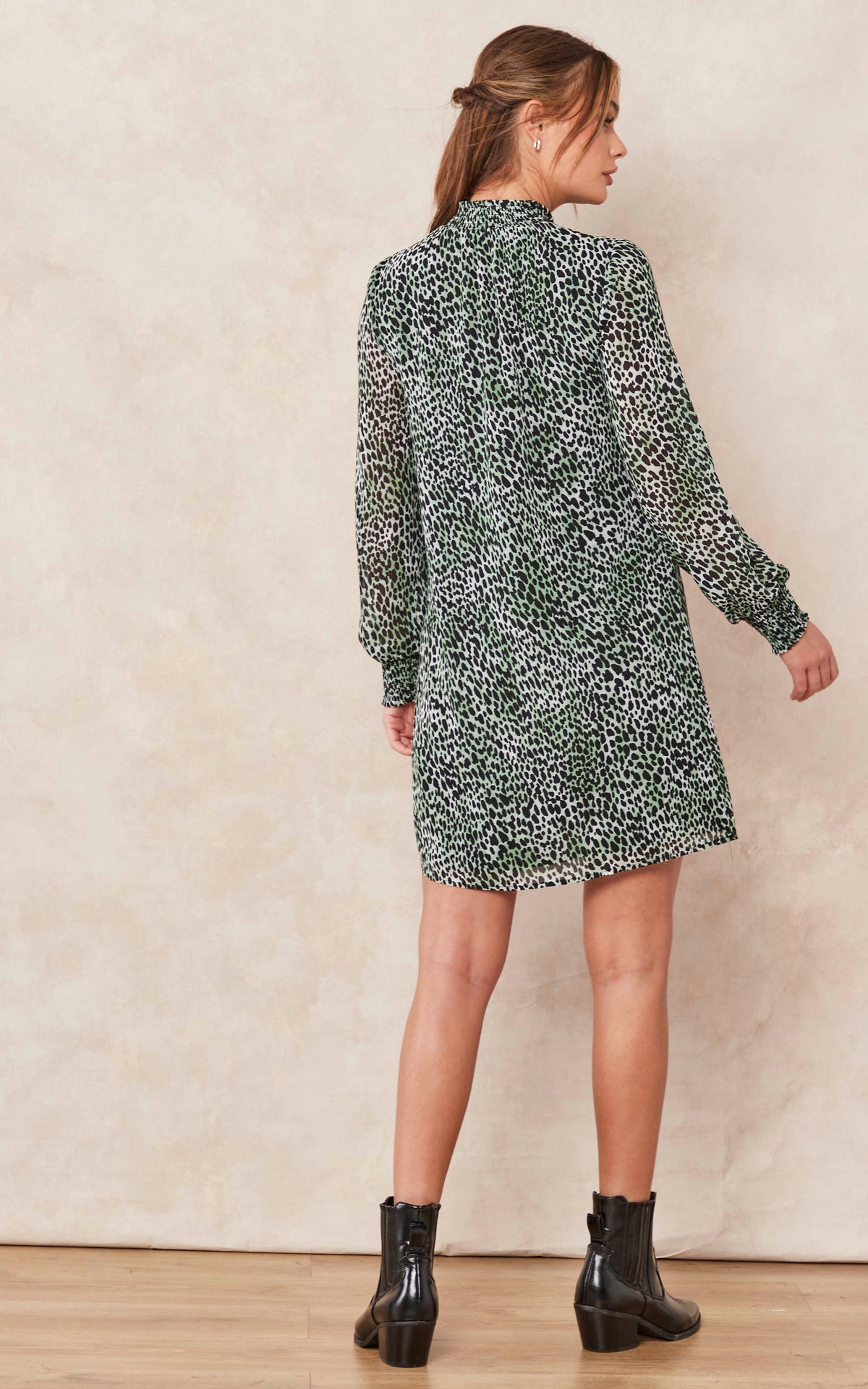 Long Sleeve High Neck Mini Dress in Green Animal Print