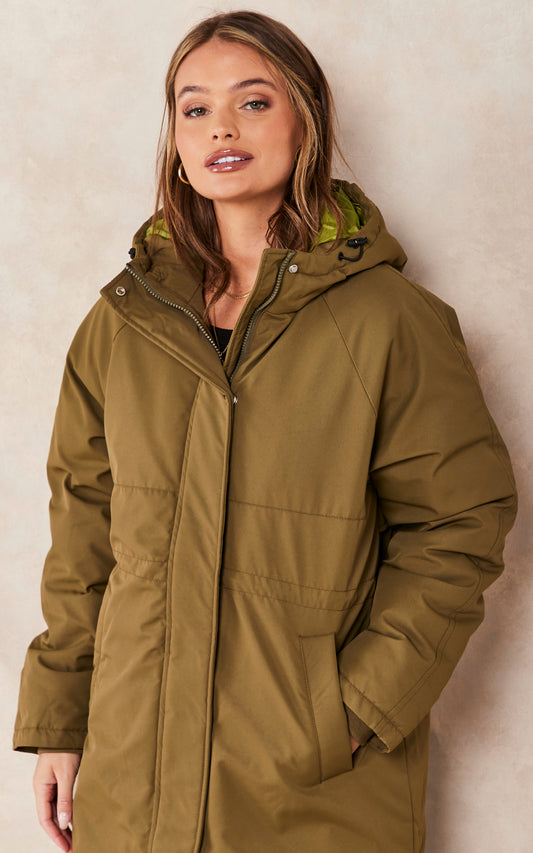 Hooded Parka Coat In Khaki
