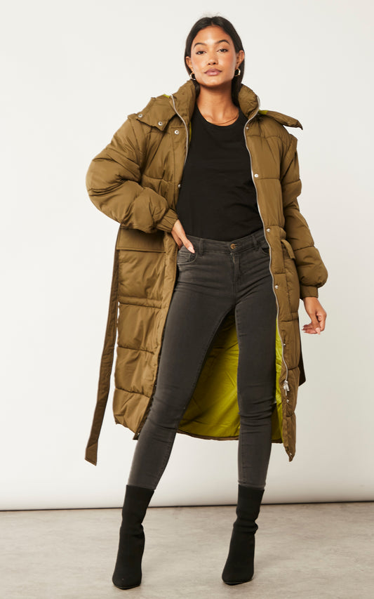 Longline Puffer Coat in Khaki