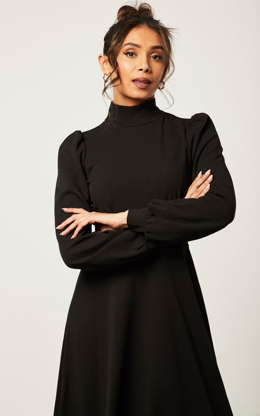 BLACK TURTLE NECK LONG SLEEVE SKATER MIDI DRESS WITH KEYHOLE