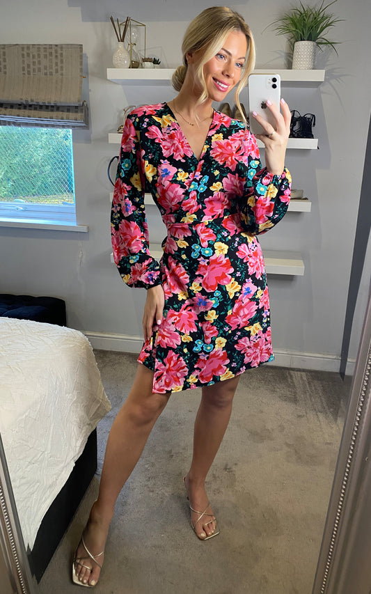Multicolour floral print long sleeves wrap dress
